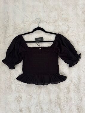 Zara Black Smocked Square-Neck Puff Sleeve Peplum Top